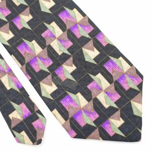 XMI Black Purple Green Tan Abstract Woven Wide Silk Tie Made In USA